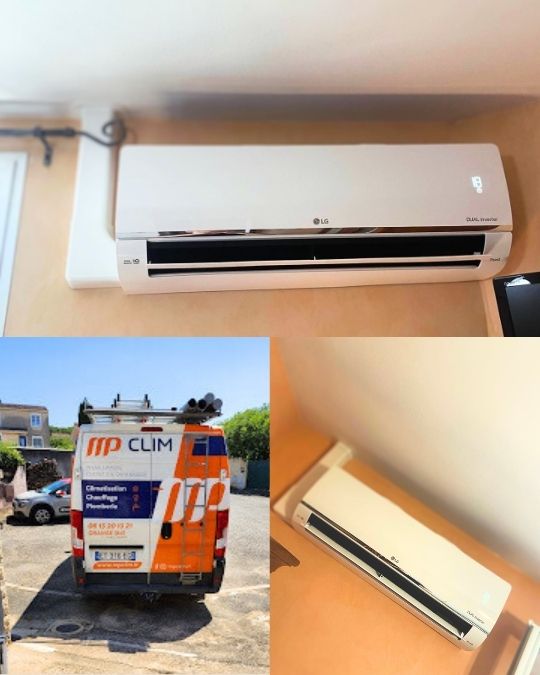 Photo séparée en 3 montrant différents angles de vue de climatiseur multisplit que j'ai installé dans cette maison à orange. Sur la 3 ème photo on voit la camionnette mp clim votre installateur de climatisation à Orange et les alentours