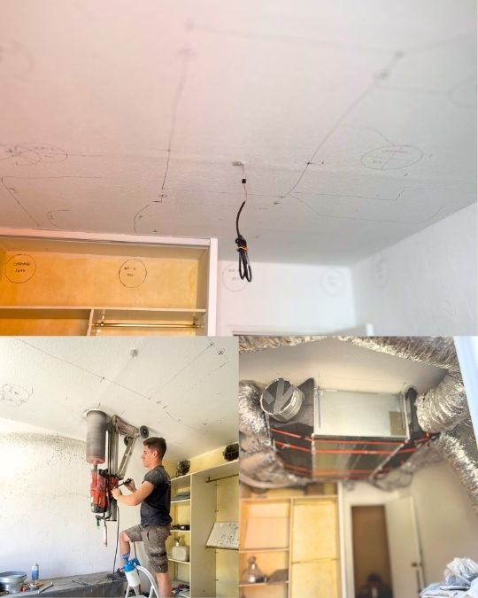 Montage de 3 photo montrant: 1. l'endroit où l'unité intérieur est installée. 2. L'installateur de gainable à Orange au travail. 3. L'installation finie de l'unité intérieure gainable