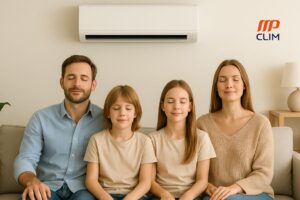 famille assise sur un canapé avec un air épanoui après l'entretien de leur climatisation à Orange par MPCLim