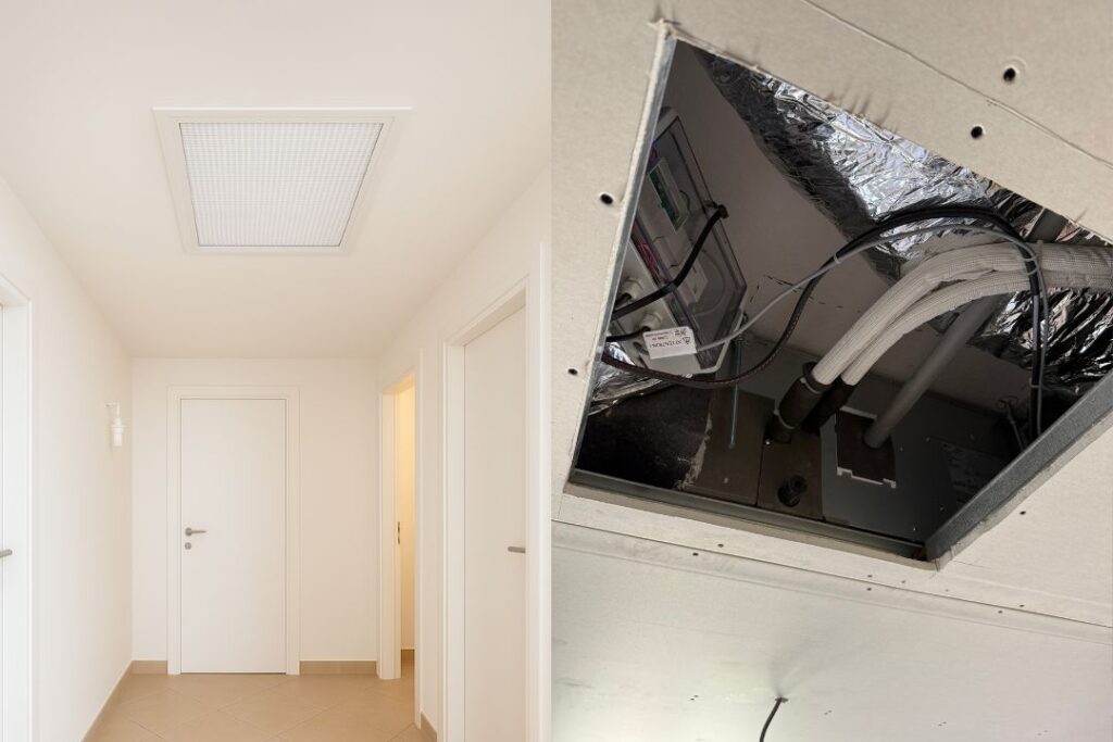 Image coupée en 2 où l'on voit à droite le couloir fini sans aucune partie visible du gainable à part la grille d'aération. Sur la gauche on voit l'installation grille d'aération ouverte