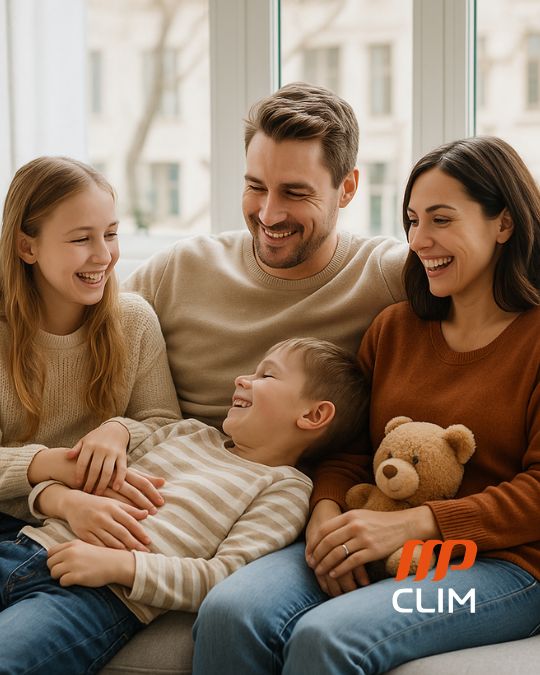 Photo d’une famille souriante composée de deux parents et deux enfants, assis ensemble sur un canapé dans un intérieur lumineux. L’ambiance est chaleureuse, détendue et conviviale. L’enfant le plus jeune tient un ours en peluche. Le logo **MP CLIM** est visible en bas à droite, suggérant un confort thermique intérieur grâce à un système de climatisation ou chauffage bien installé.
