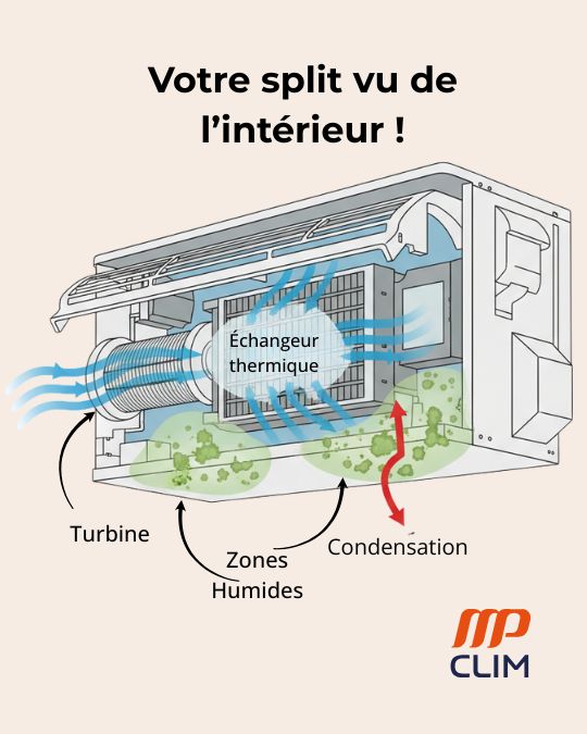 Schéma illustrant l’intérieur d’un split de climatisation, avec ses composants visibles : la turbine qui propulse l’air, l’échangeur thermique au centre, et les zones humides à l’arrière où se forme la condensation. Des flèches indiquent la circulation de l’air et de l’humidité. L’image met en évidence les zones sensibles à l’accumulation d’eau, pouvant favoriser les moisissures si l’entretien est négligé. Logo MP CLIM en bas à droite.