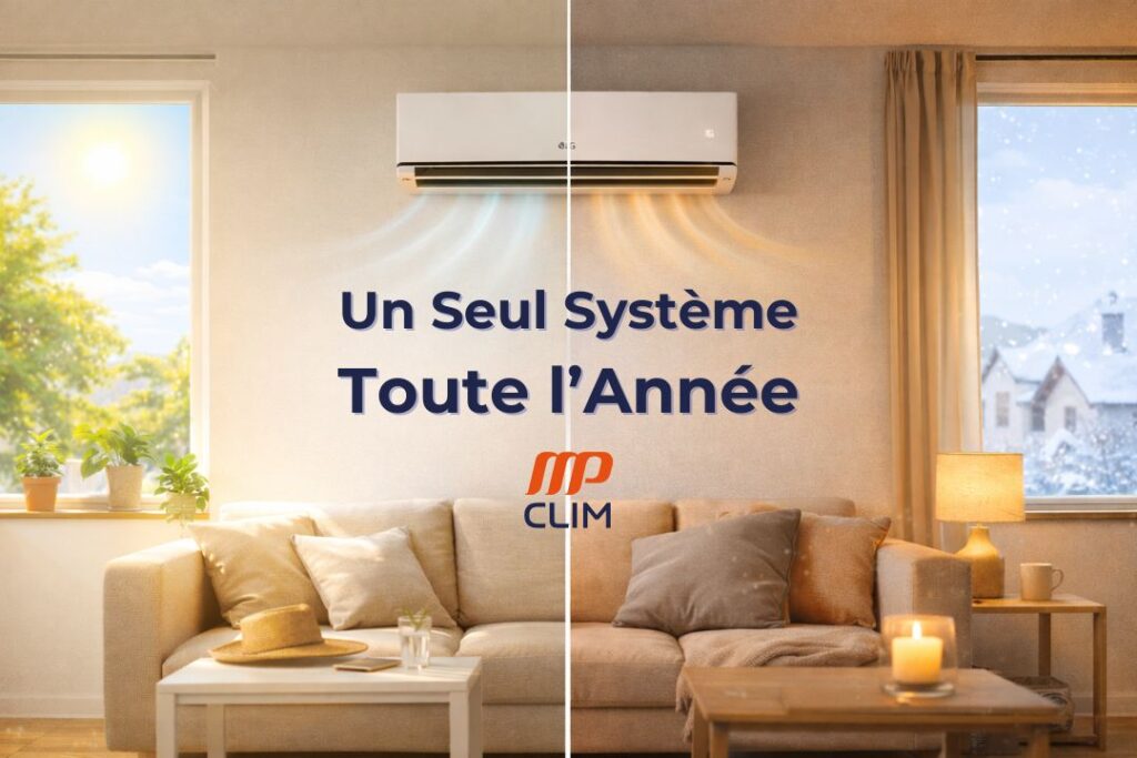 Visuel promotionnel divisé en deux moitiés : 🟡 À gauche, ambiance estivale : soleil, verdure, lumière vive, climatisation en mode froid (flux bleu). 🔵 À droite, ambiance hivernale : neige, lumière chaude, bougies, climatisation en mode chauffage (flux orange). Au centre, un climatiseur mural LG avec le slogan en texte central : « Un Seul Système Toute l’Année » Logo MP CLIM en dessous. Message : un seul appareil pour rafraîchir en été et chauffer en hiver.