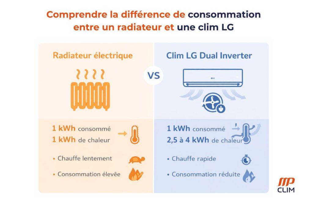 Infographie comparative entre un radiateur électrique et une climatisation LG Dual Inverter. À gauche : le radiateur consomme 1 kWh pour produire 1 kWh de chaleur, chauffe lentement et consomme beaucoup. À droite : la clim LG consomme 1 kWh mais produit 2,5 à 4 kWh de chaleur, chauffe rapidement et consomme moins. Titre : « Comprendre la différence de consommation entre un radiateur et une clim LG » Code couleurs : orange pour le radiateur, bleu pour la climatisation. Logo MP CLIM en bas à droite.