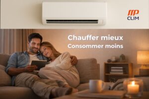 Couple cosy dans son salon avec une clim delux LG sur le mur relax parce qu'ils peuvent diminuer consommation energetique orange