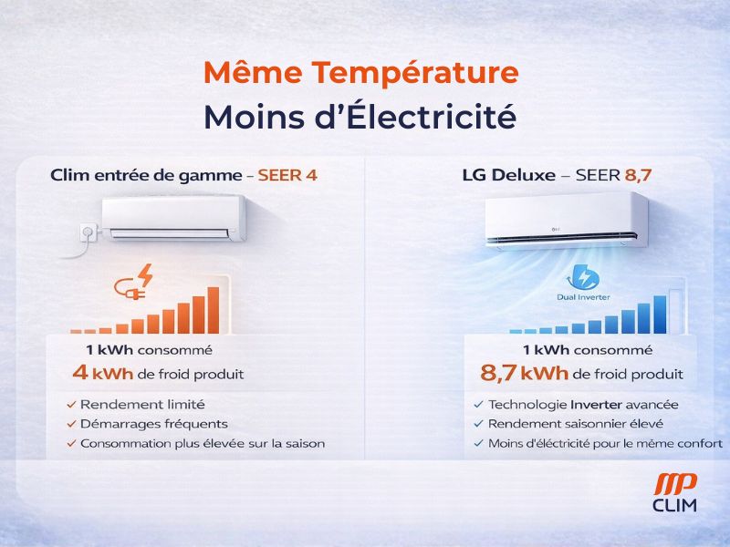 Infographie comparative montrant deux climatiseurs muraux sur fond clair. À gauche, une clim d’entrée de gamme avec la mention « SEER 4 », accompagnée d’un graphique orange en hausse indiquant que 1 kWh consommé produit 4 kWh de froid, avec des points listant un rendement limité et une consommation plus élevée. À droite, un climatiseur LG Deluxe avec la mention « SEER 8,7 » et « Dual Inverter », accompagné d’un graphique bleu en hausse indiquant que 1 kWh consommé produit 8,7 kWh de froid, mettant en avant un rendement saisonnier élevé et une consommation d’électricité réduite pour la même température.