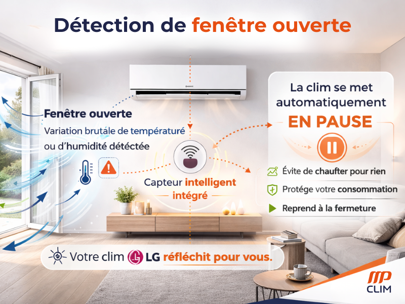 Infographie montrant un climatiseur mural LG installé dans un salon moderne et lumineux. À gauche, une fenêtre est ouverte avec des flèches bleues entrant dans la pièce pour représenter l’air extérieur et une variation brutale de température ou d’humidité détectée. Au centre, sous le climatiseur, un pictogramme de capteur intelligent indique la détection automatique. À droite, un encadré précise que la clim se met automatiquement en pause, avec un symbole pause orange, afin d’éviter de chauffer pour rien, de protéger la consommation d’électricité et de reprendre son fonctionnement à la fermeture de la fenêtre.
